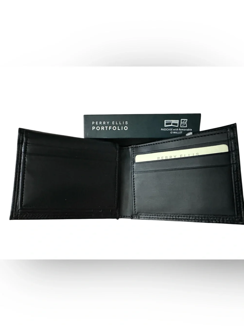 Perry Ellis Portfolio Men's Black Leather Passcase Wallet Removable ID Wallet
